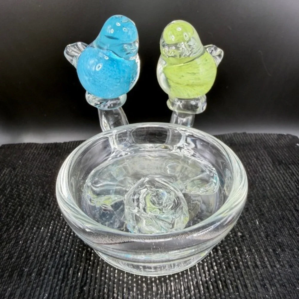 Glass Two Birds Figurine Candle Holder Trinket Dish Blue Green Controlled Bubble